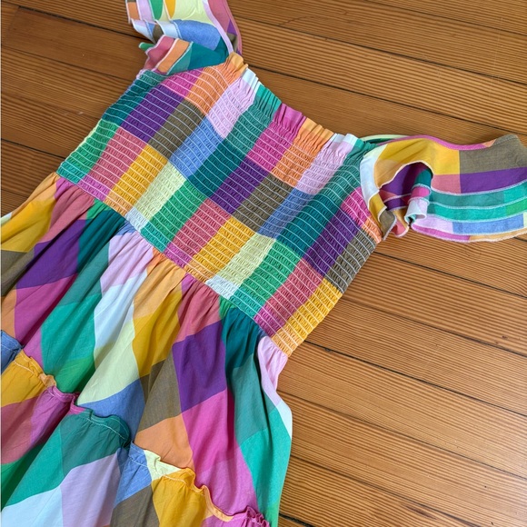 Crown Ivy Rainbow Plaid Smocked Tiered Ruffle Midi Dress L Boho Vacation Resort - Picture 12 of 16